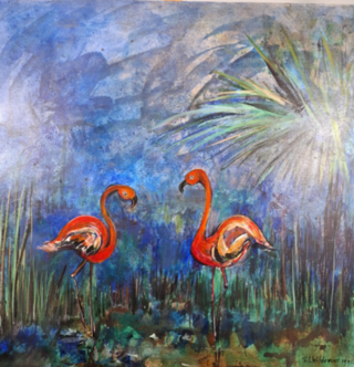 Acryl schilderij op doek, Maya Wildevuur, Flamingo’s, 1991